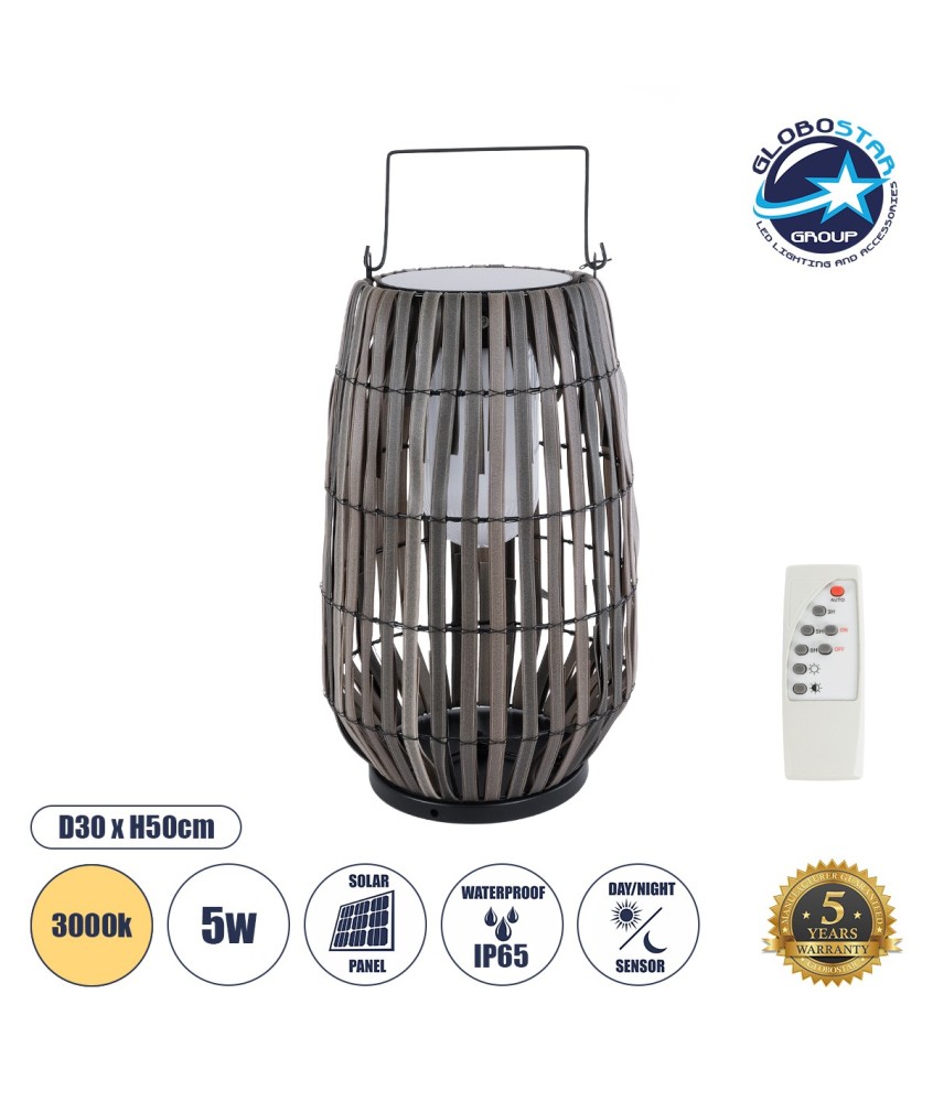 GLOBOSTAR® NETLEY 02306 Boho Επιτραπέζιο Φωτιστικό Πορτατίφ LED 5W 200lm 180° με Φωτοβολταϊκό Panel 3.6V 0.1W με Αισθητήρα Ημέρας-Νύχτας Αδιάβροχο IP65 Θερμό Λευκό 2700K - Γκρι - Μ30 x Π30 x Υ50cm - 2 Χρόνια Εγγύηση